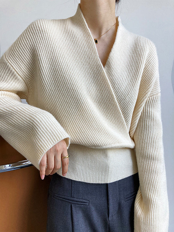 Casual Long Sleeves Loose Solid Color Cross V-Neck Sweater Tops