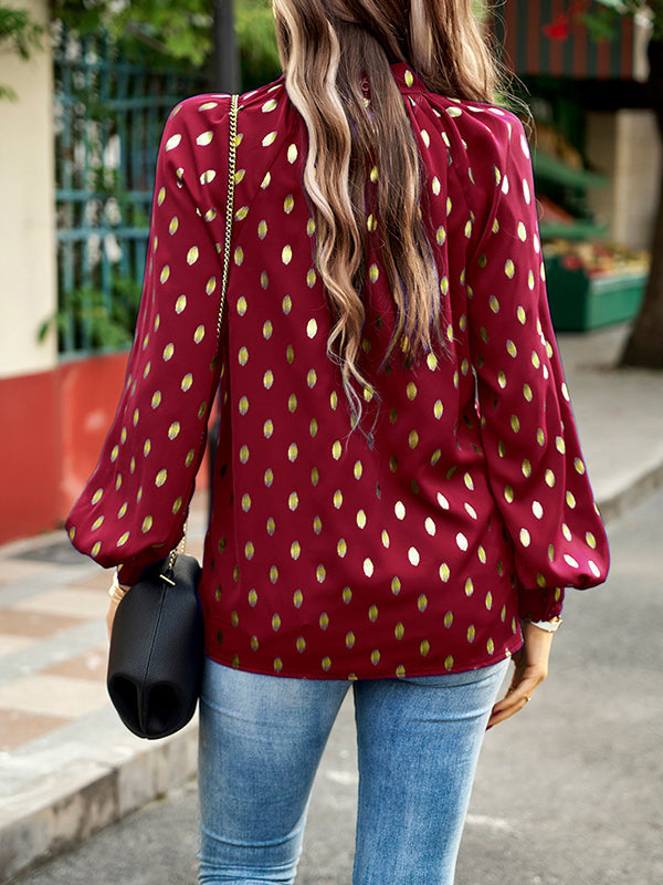 Bronzing Hollow Long Sleeves Loose Mock Neck Blouses&Shirts Tops