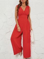 Pleated Solid Color Split-Joint Loose Sleeveless V-neck Jumpsuits
