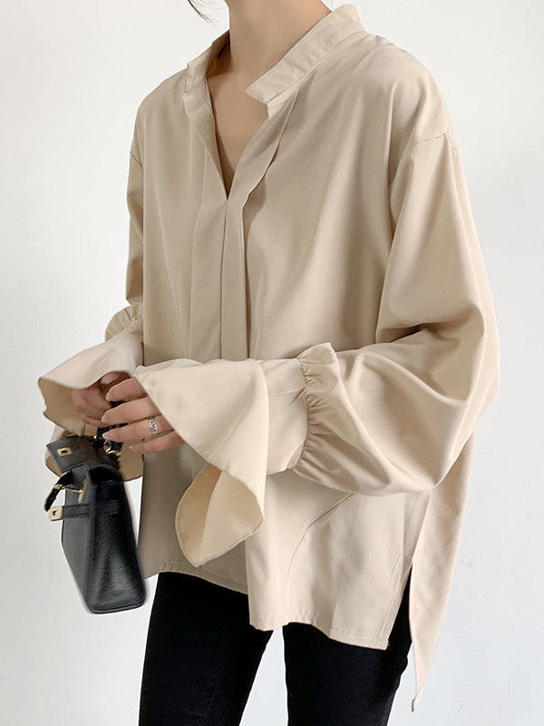 Buttoned Solid Color Split-Side Flared Sleeves High-Low V-Neck Blouses&Shirts Tops