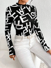 Letter Print Split-Joint Long Sleeves Skinny Mock Neck T-Shirts Tops
