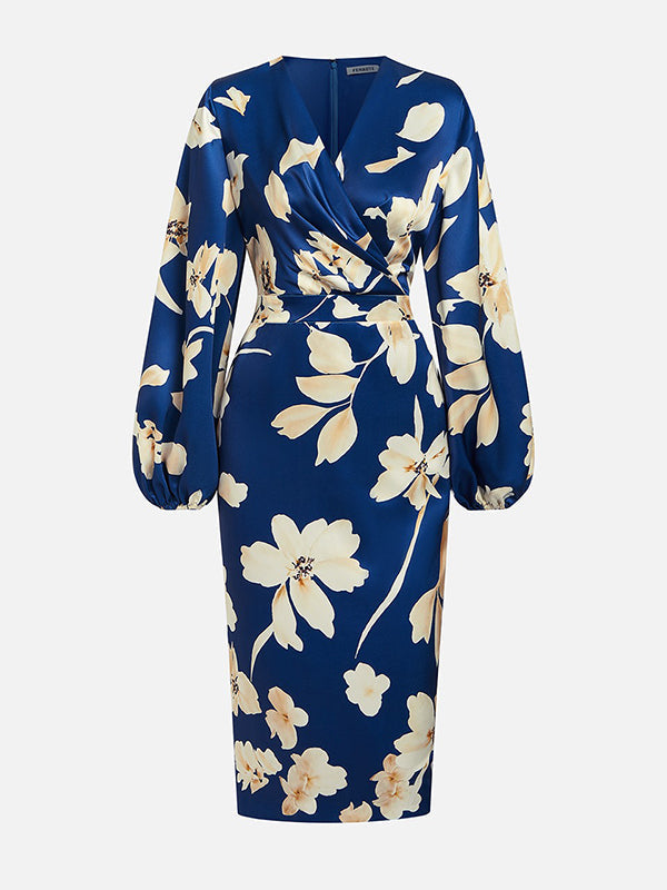 Loose Puff Sleeves Floral Printed Pleated Split-Joint V-Neck Midi Dresses
