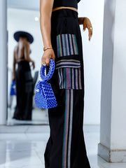 High Waisted Loose Pockets Split-Joint Striped Pants Trousers