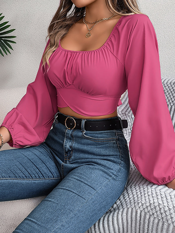 Elasticity Pleated Solid Color Split-Joint Long Sleeves Puff Sleeves Square-Neck Blouses&Shirts Tops