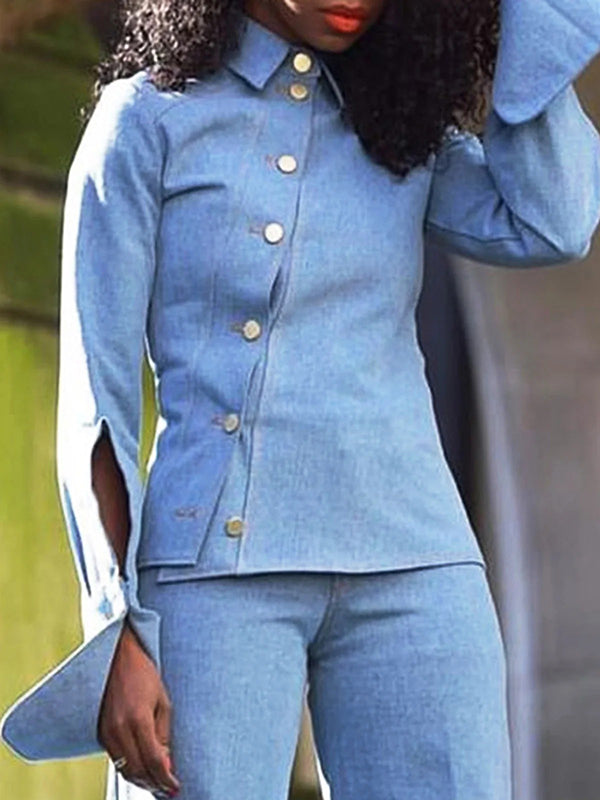 Hollow Lapel Denim Long Sleeves Asymmetric Buttoned Shirts Top + Pants Bottom Two Pieces Set