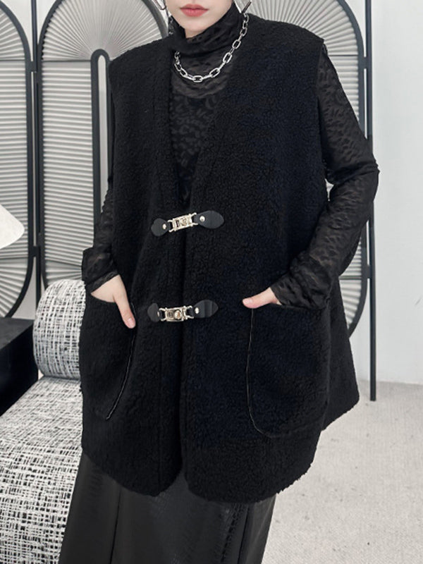 Buckle Pockets Velvet Loose Sleeveless V-neck Vest Outerwear