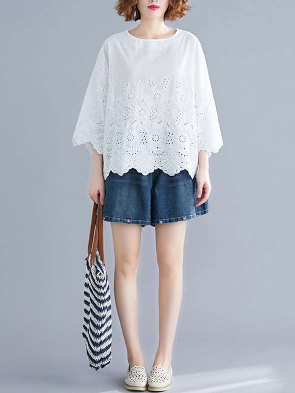 Hollow Print Loose Three-quarter Sleeves Round-neck Blouses&shirts Tops