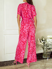 Hollow Leopard Tied Waist Batwing Sleeves Half Sleeves Mock Neck Jumpsuits