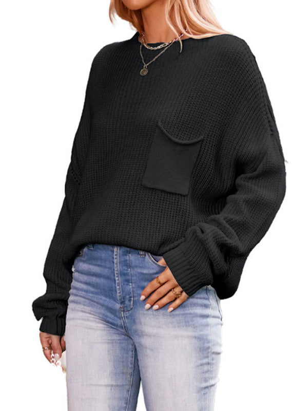 Pockets Solid Color Long Sleeves Loose Round-Neck Sweater Tops Pullovers