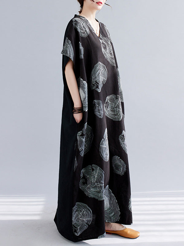 Casual Short Sleeves Loose Contrast Color Printed V-Neck Maxi Dresses