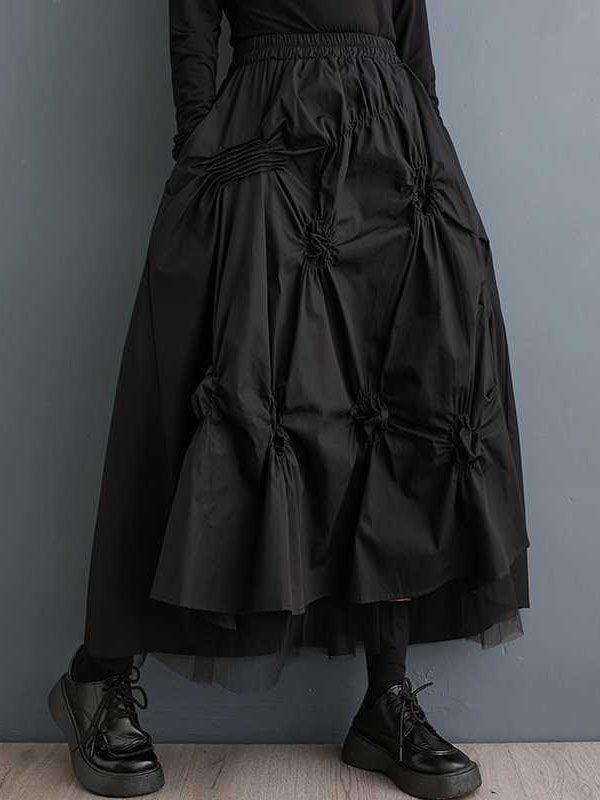Elasticity Pleated Pockets Solid Color Tulle High-Low Loose Skirts Bottoms