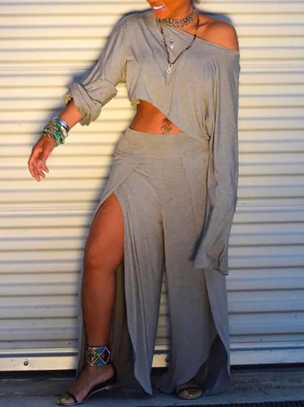 Solid Color Long Sleeves Round-Neck T-Shirt + Split-Side Wide Leg  Pants Two Pieces Set
