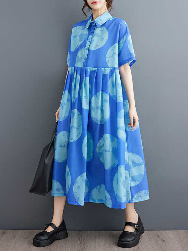 Polka-Dot Loose Short Sleeves Lapel Collar Midi Dresses
