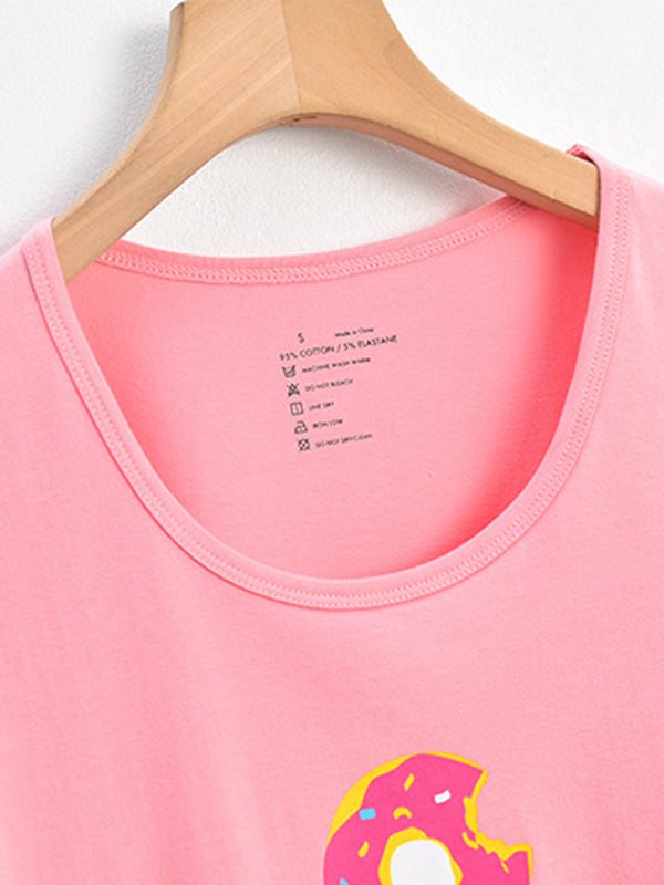 Contrast Color Printed Short Sleeves Round-neck Two Pieces Pajama Set