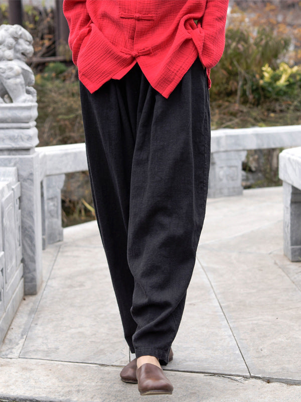 Simple Casual Loose Solid Color Ramie Cotton Pants
