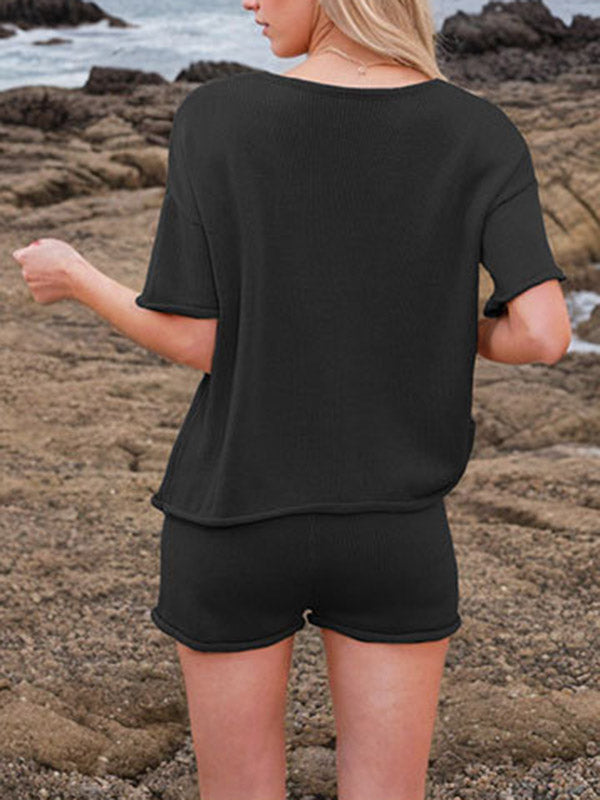 Loose Solid Color Split-Joint Round-Neck Shirt + High Waisted Shorts Two Pieces Set
