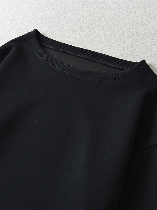 Solid Color Split-Joint Long Sleeves Loose Round-neck Sweatshirt Tops