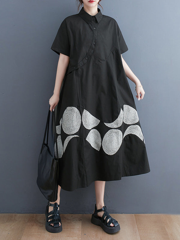 A-Line Oversize Ethnic Printed Contrast Color Printed Split-Joint Lapel Midi Dresses Shirt Dress