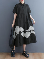 A-Line Oversize Ethnic Printed Contrast Color Printed Split-Joint Lapel Midi Dresses Shirt Dress