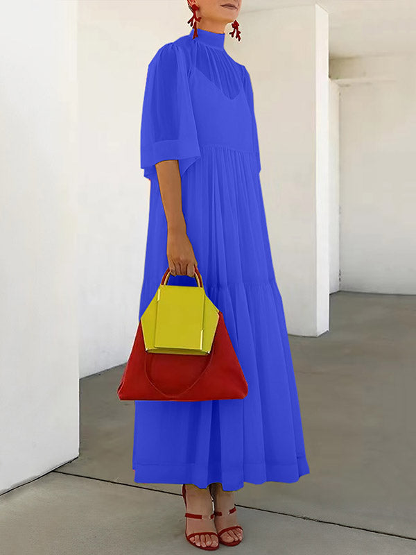 Loose Plus Size Mesh Pleated Solid Color Split-Joint Mock Neck Maxi Dresses Two Pieces Set