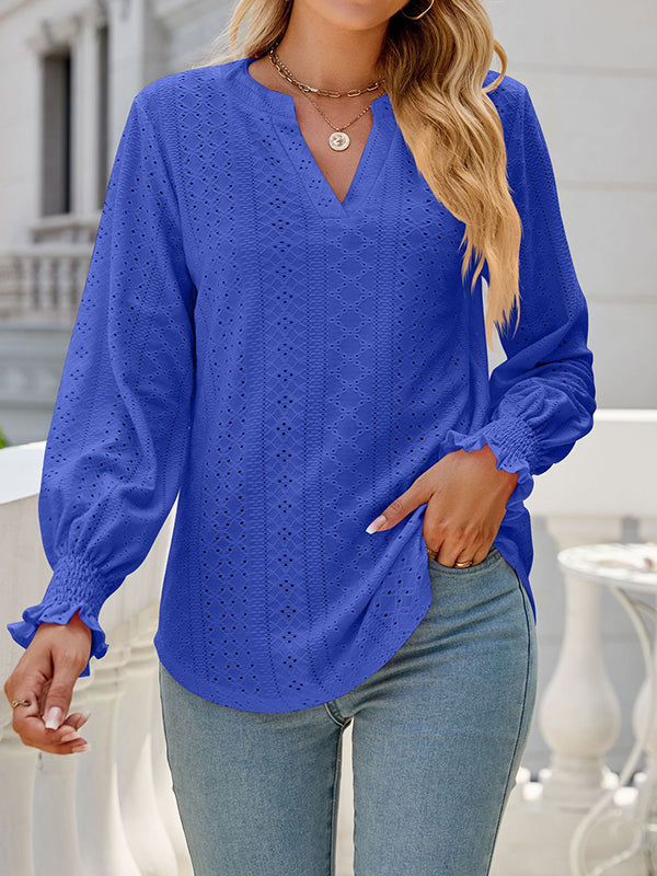 Elasticity Hollow Solid Color Long Sleeves Loose V-neck T-Shirts Tops