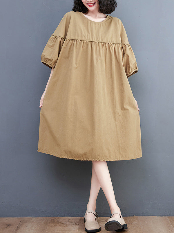 Solid Color Loose Short Sleeves Round-neck Midi Dresses