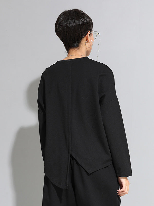 Loose Long Sleeves Split-Front Round-Neck T-Shirts Tops
