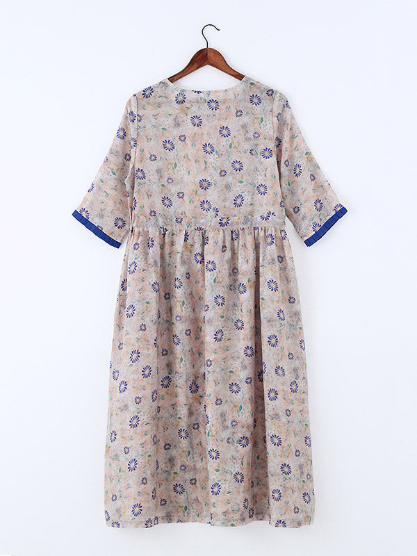 Original Floral Round-Neck Elasticity Waist Midi Dress