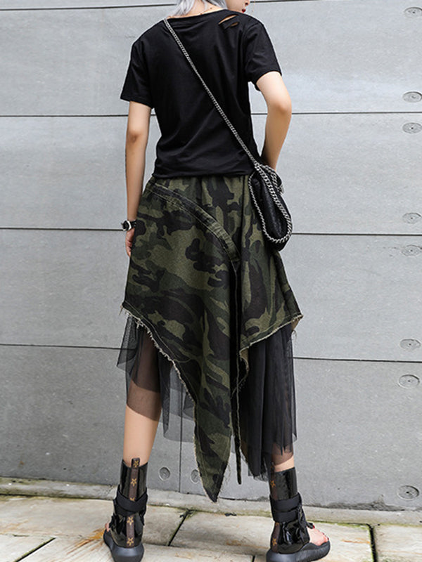 Asymmetric Camouflage Elasticity Fringed Mesh Split-Joint A-Line Loose Skirts Bottoms