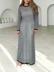Contrast Color Striped Tied High Waisted Long Sleeves Round-Neck Sweater Dresses Midi Dresses