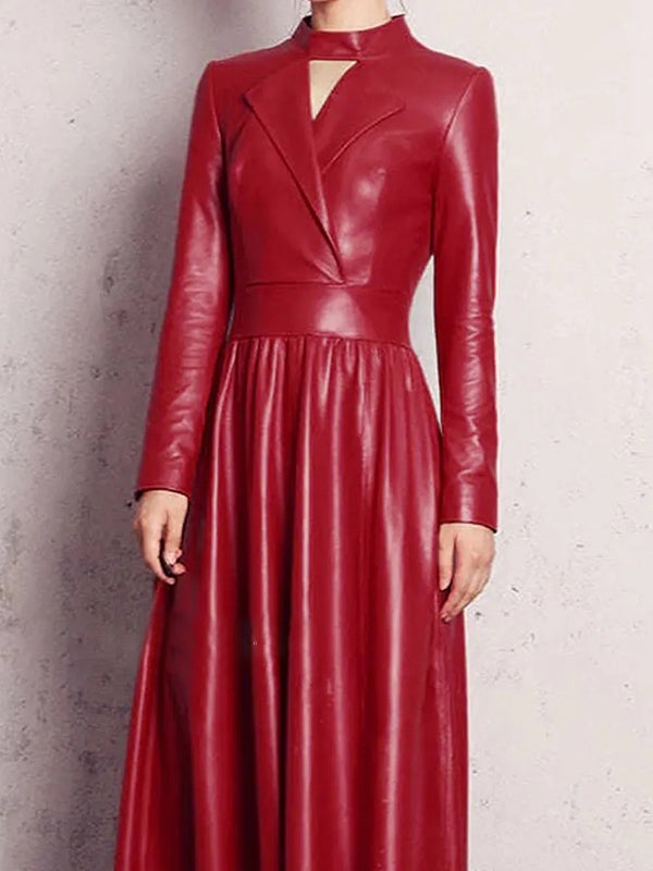 Hollow Solid Color Long Sleeves High-Neck Maxi Dresses