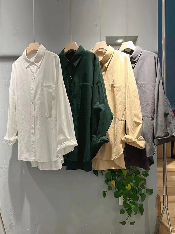 Casual Long Sleeves Loose Buttoned Solid Color Lapel Collar Blouses&Shirts Tops