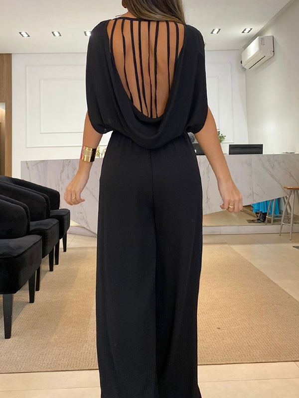 Backless Hollow Solid Color High-Low Wide Leg Round-Neck Jumpsuits Bottoms