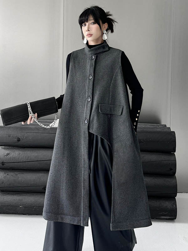 Asymmetric Buttoned Solid Color Split-Joint High-Low Irregularity Stand Collar Padded Vest Outerwear