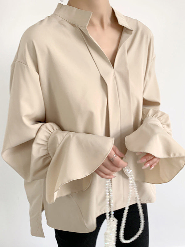 Buttoned Solid Color Split-Side Flared Sleeves High-Low V-Neck Blouses&Shirts Tops
