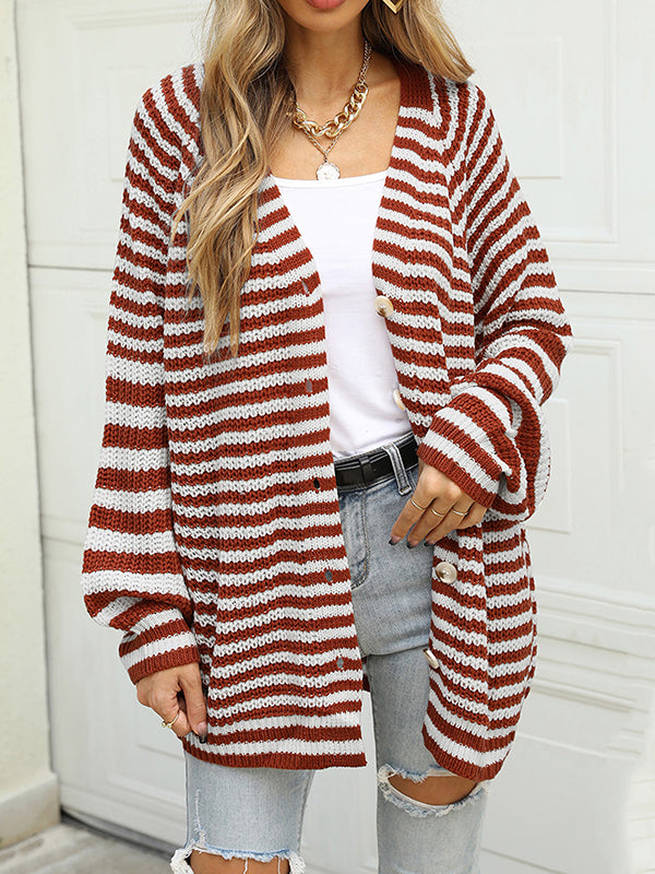 Casual Loose Long Sleeves Striped V-Neck Cardigan Tops