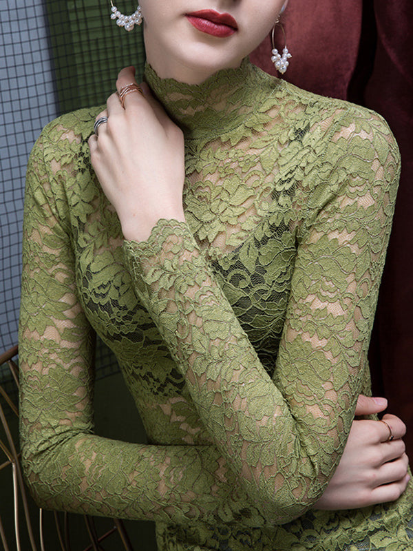 Gauze See-Through Split-Joint Long Sleeves Plus Size High Neck T-shirts