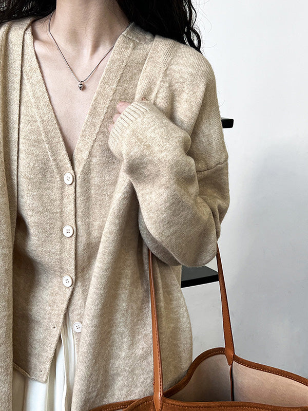 Buttoned Solid Color Long Sleeves Loose V-Neck Knit Vest + Cardigan Two Pieces Set