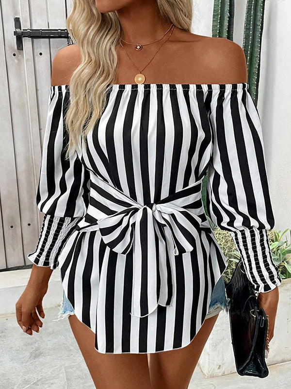 Contrast Color Elasticity Split-Joint Striped Tied Waist Long Sleeves Loose Off-The-Shoulder Blouses&Shirts Tops