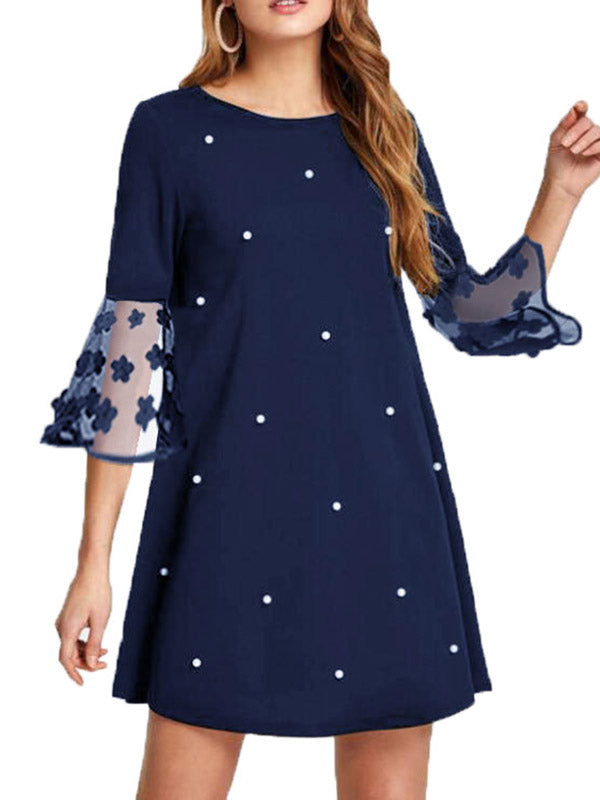 Mesh Polka-Dot Split-Joint Three-Dimensional Flower A-line Loose Round-neck Mini Dresses