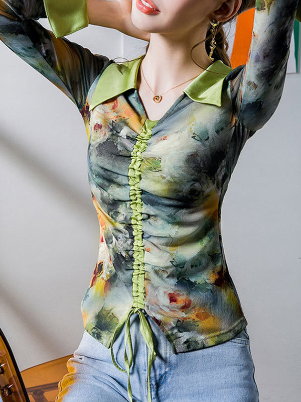 Drawstring Flower Print Pleated Flared Sleeves Long Sleeves Lapel Blouses&Shirts Tops