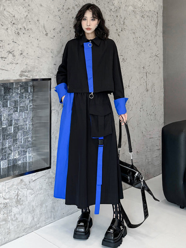 Asymmetric Contrast Color Split-Joint Lapel Blouses&Shirts Tops + A-Line Elasticated Waist Pockets Streamer Skirts Bottoms Two Pieces Set