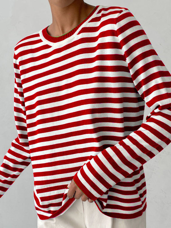 Split-Joint Striped Long Sleeves Loose Round-Neck Sweater Tops