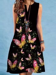 Butterfly Print Printed Loose Plus Size V-neck Mini Dresses