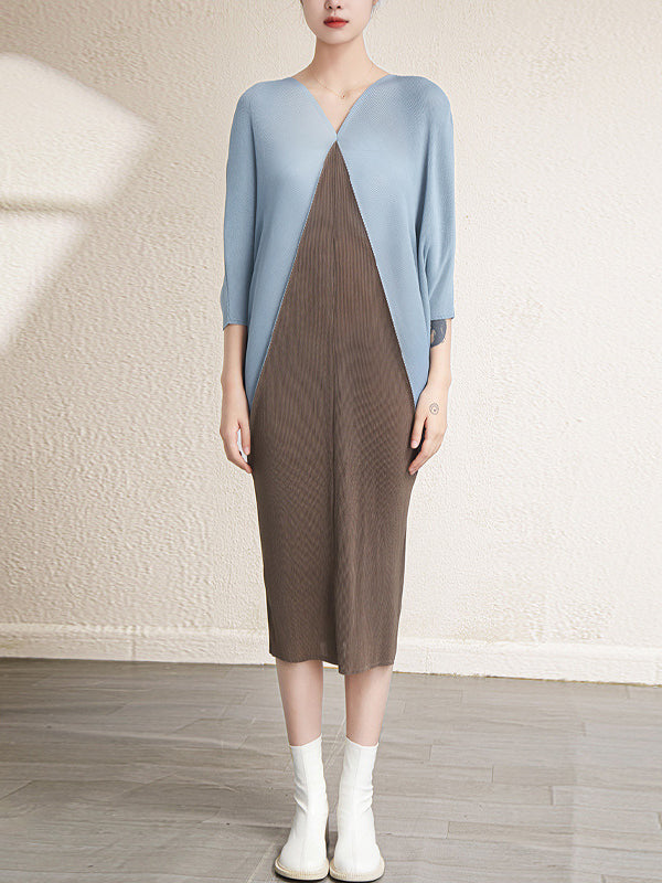Urban Batwing Sleeves Contrast Color Pleated V-Neck Midi Dresses