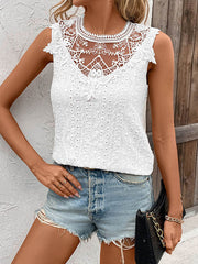 Hollow Jacquard Solid Color Split-Joint Loose Sleeveless Round-Neck Vest Top