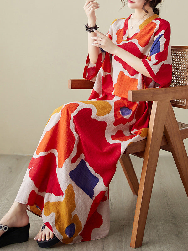 Color-Block Contrast Color Batwing Sleeves Loose Round-Neck Maxi Dresses