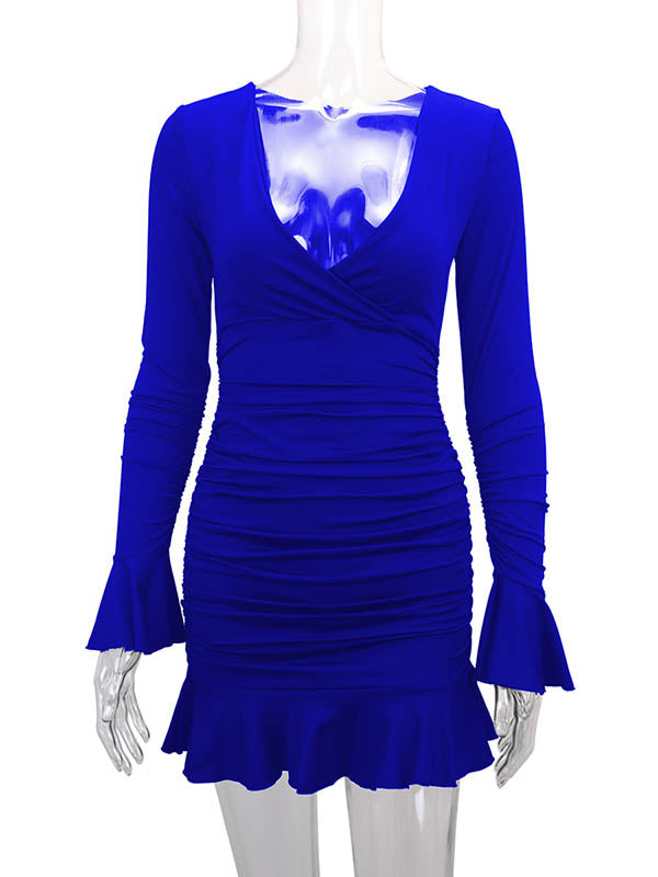 Pleated Ruffled Solid Color Split-Joint Bodycon Elasticated Waist V-Neck Midi Dresses