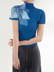 Flower Print Pleated Short Sleeves Mock Neck T-Shirts Tops