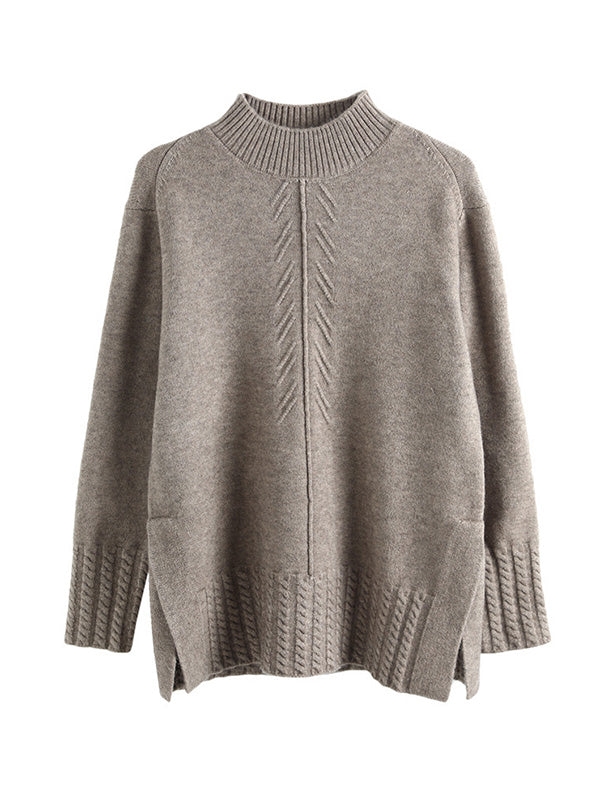 Loose Split-Side Solid Color Half Turtleneck Sweater Tops